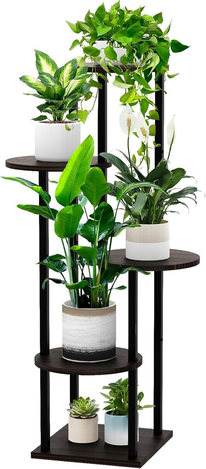 4 Tier Wood Tall Plant Stand Metal Rack Indoor, Multiple Flower Pot Holder Shelves Corner Rack, Round Planter Shelf Display Rack Storage Organizer for Patio Living Room Balcony(Black+Brown)