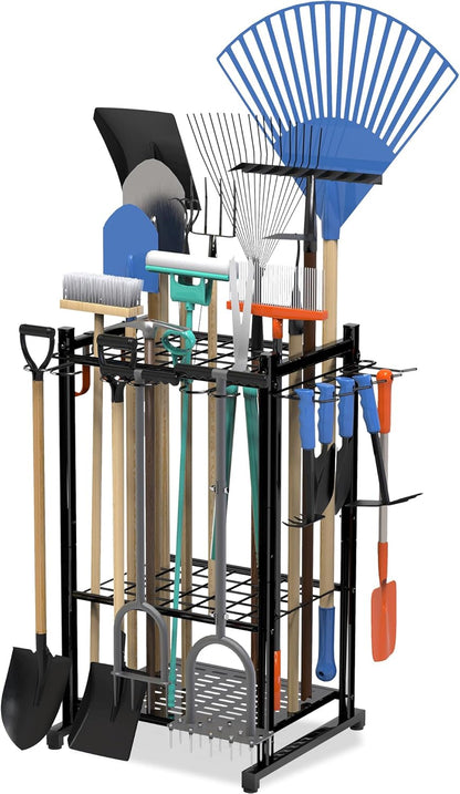 Sttoraboks Garden Tool Organizer Rack Up to 50 Tools, Heavy-Duty Steel Yard Tool Organizer for Garage Storage with 11 Hooks, Broom Holder & Garden Tool Rack for Shed, Patio, Outdoor Use, Black