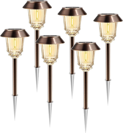 Solar Lights Outdoor Waterproof,4 Pack Bronze Pathway Lights with 10-40 LM Dimmable Glass and Metal, Solar Powered Garden Fall Decor for Yard,Patio,Pathway,Driveway(Warm White)