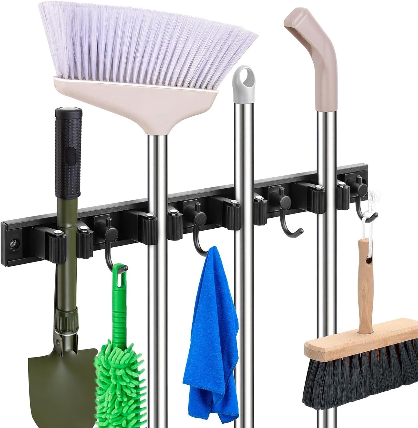 YA MI Mop holder, broom holder, stainless steel wall hanging tool storage device with 3 hooks in 3 positions, suitable for home bathrooms, kitchens, and gardens