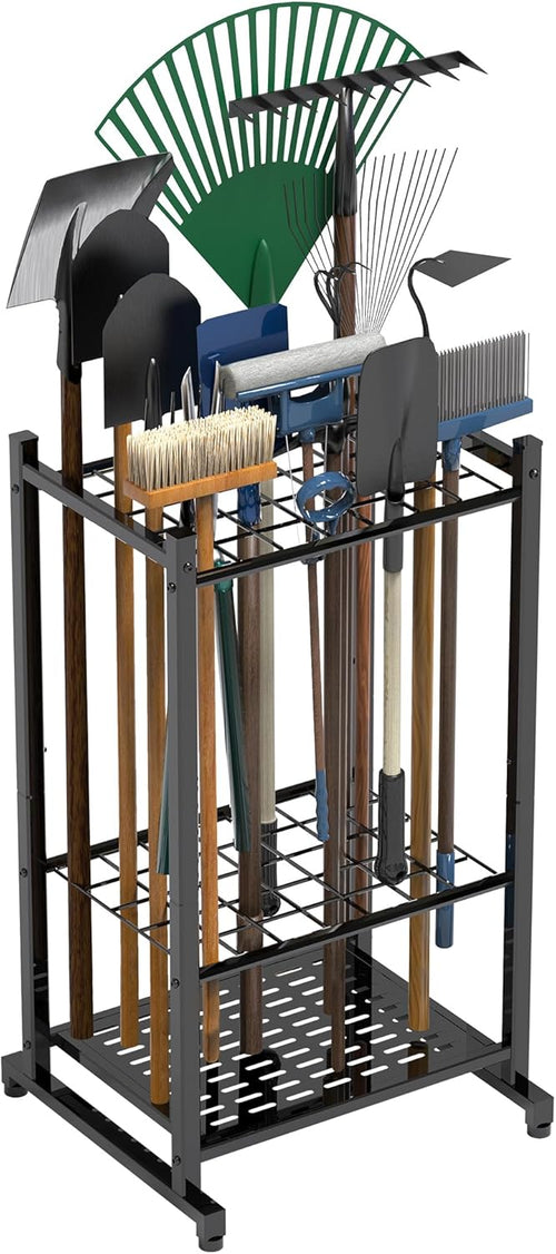 Sttoraboks Garden Tool Organizer Rack Up to 50 Tools, Heavy-Duty Steel Yard Tool Organizer for Garage Storage with 11 Hooks, Broom Holder & Garden Tool Rack for Shed, Patio, Outdoor Use, Black