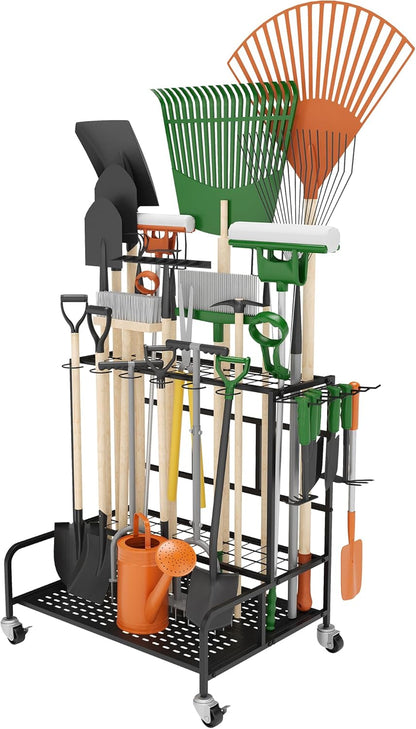 Sttoraboks Garden Tool Organizer Rack Up to 50 Tools, Heavy-Duty Steel Yard Tool Organizer for Garage Storage with 11 Hooks, Broom Holder & Garden Tool Rack for Shed, Patio, Outdoor Use, Black