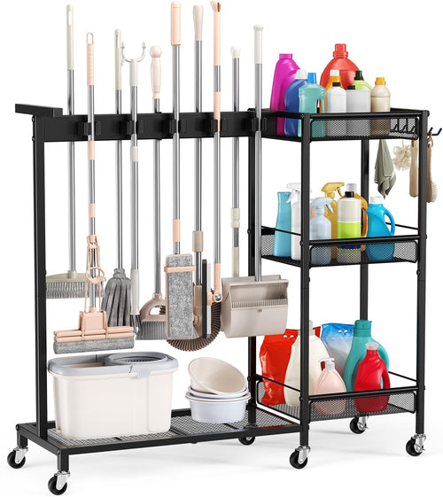 Broom Holder with Cleaning Supplies Organizer, Cleaning Utility Cart on Wheels, 10 Clips & 7 Hooks, 3-Tier Shelves, Broom Closet Storage Cabinet with Cleaning Caddy for Home Commercial Use