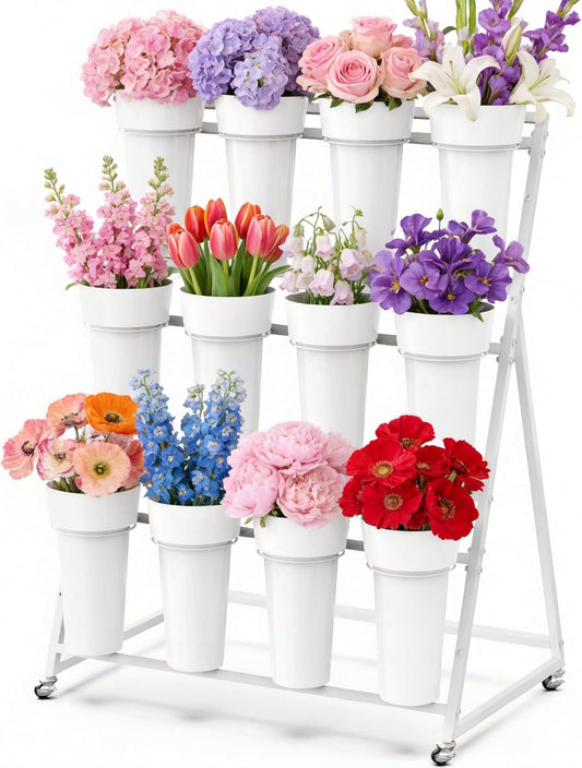 VGMiu Flower Display Stand with 12 Buckets, Metal Flower Cart with Wheels 3 Layers White Flowers Bar Stand Moving Florist Bouquet Shelf for Party Weddings Ceremony Garden Indoor Outdoor Patio Decor