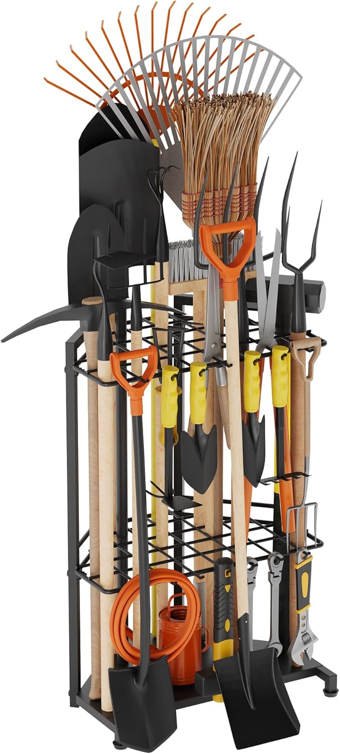 Sttoraboks Garden Tool Organizer Rack Up to 50 Tools, Heavy-Duty Steel Yard Tool Organizer for Garage Storage with 11 Hooks, Broom Holder & Garden Tool Rack for Shed, Patio, Outdoor Use, Black