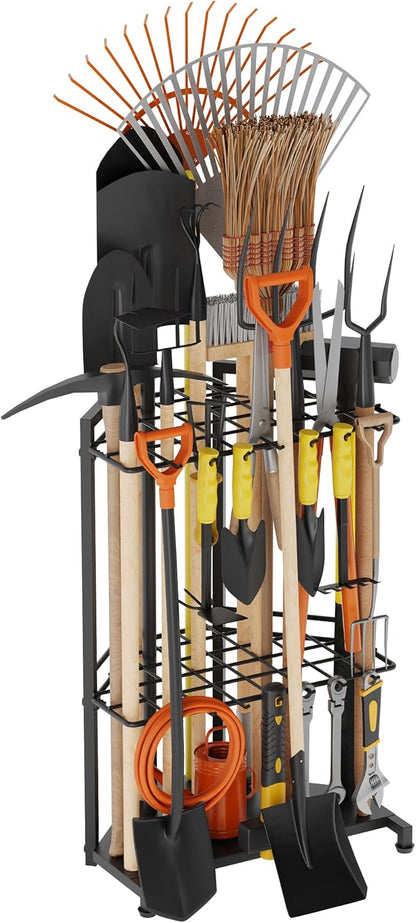 Sttoraboks Garden Tool Organizer Rack Up to 50 Tools, Heavy-Duty Steel Yard Tool Organizer for Garage Storage with 11 Hooks, Broom Holder & Garden Tool Rack for Shed, Patio, Outdoor Use, Black