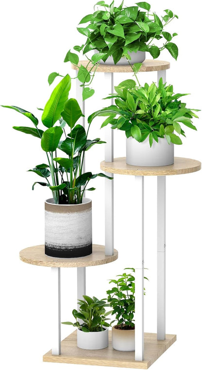 4 Tier Wood Tall Plant Stand Metal Rack Indoor, Multiple Flower Pot Holder Shelves Corner Rack, Round Planter Shelf Display Rack Storage Organizer for Patio Living Room Balcony(Black+Brown)