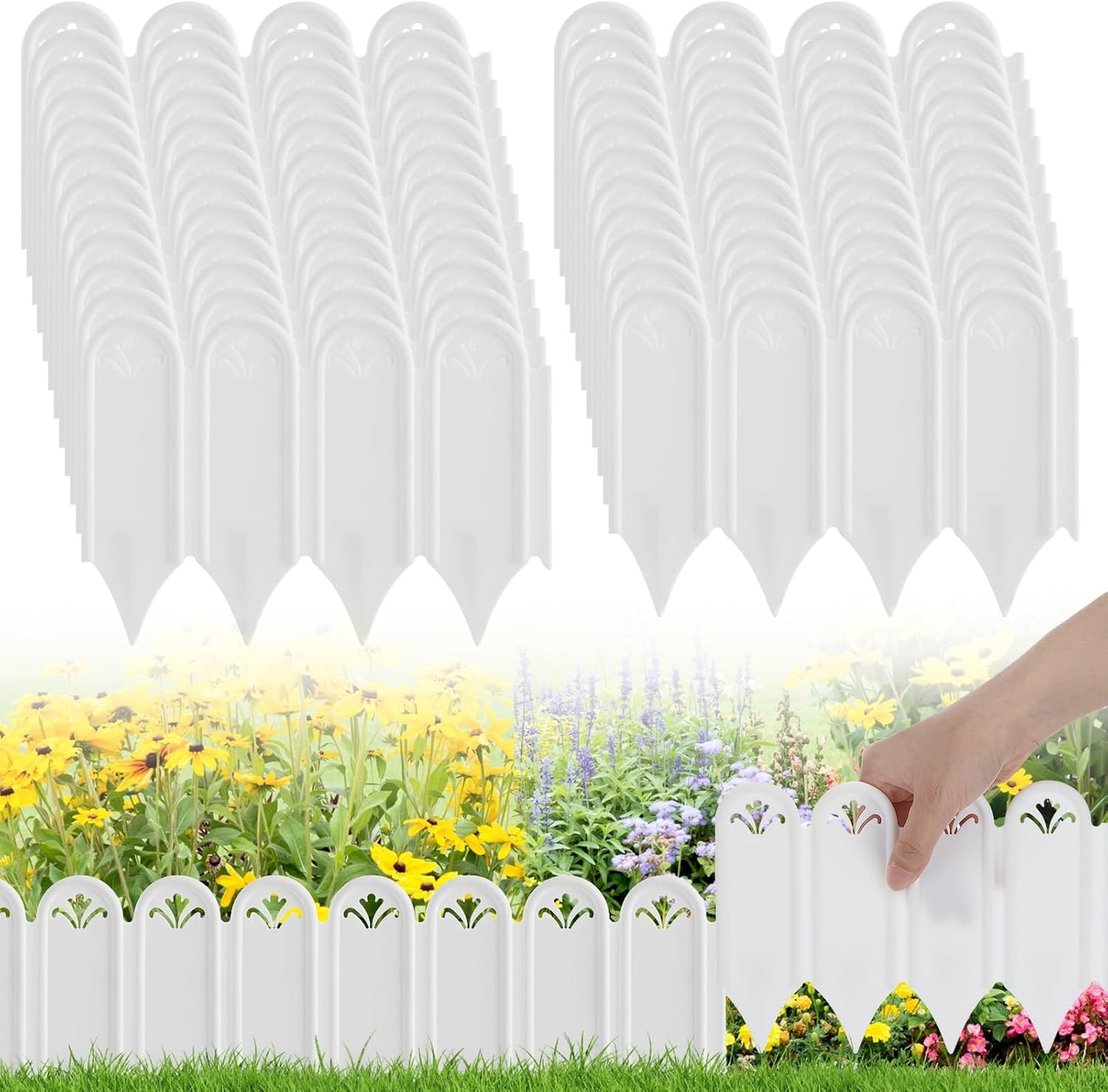Connectable Garden Landscape Edging - 6.5ft Total Length No Need Digging Lawn Fence Border for Dividing Yard Flower Bed Areas, Included 10pcs 8.3" L x 5.9" H White Panels