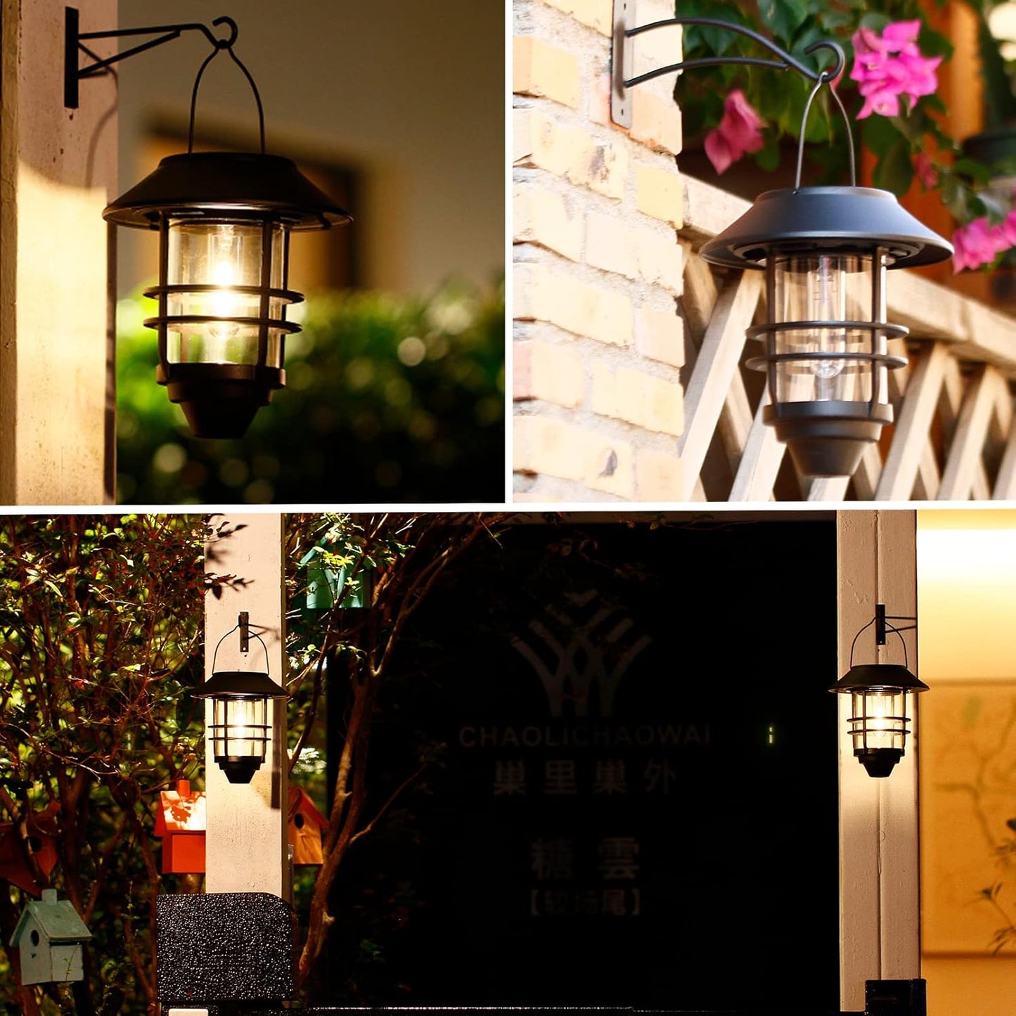 2 Pack Solar Lanterns Outdoor, Hanging Solar Lights for Outside Glass Metal with Wall Mount Bracket,Waterproof Auto Dusk to Dawn Garden Lantern for Fence Porch Decor- Warm White
