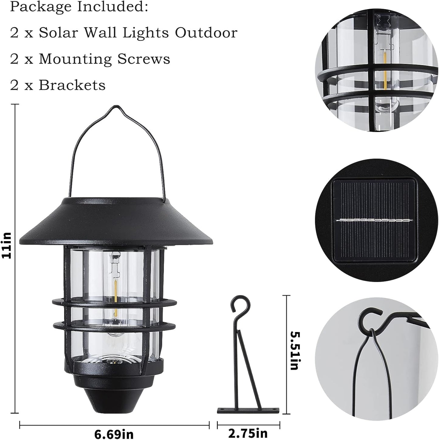 2 Pack Solar Lanterns Outdoor, Hanging Solar Lights for Outside Glass Metal with Wall Mount Bracket,Waterproof Auto Dusk to Dawn Garden Lantern for Fence Porch Decor- Warm White
