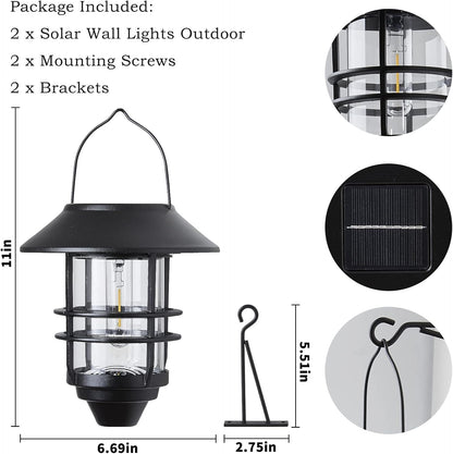 2 Pack Solar Lanterns Outdoor, Hanging Solar Lights for Outside Glass Metal with Wall Mount Bracket,Waterproof Auto Dusk to Dawn Garden Lantern for Fence Porch Decor- Warm White