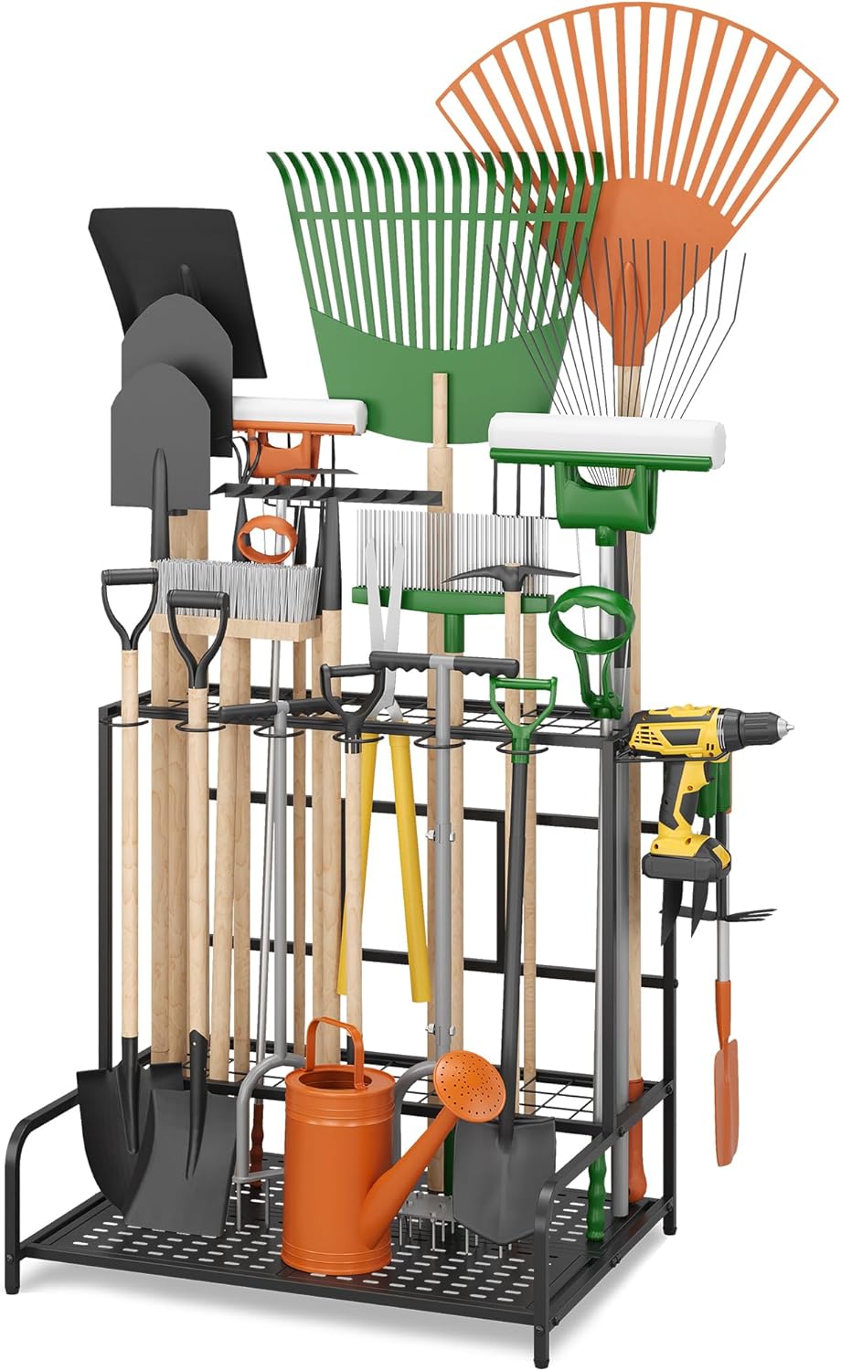 Sttoraboks Garden Tool Organizer Rack Up to 50 Tools, Heavy-Duty Steel Yard Tool Organizer for Garage Storage with 11 Hooks, Broom Holder & Garden Tool Rack for Shed, Patio, Outdoor Use, Black