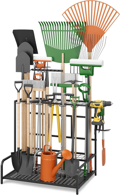 Sttoraboks Garden Tool Organizer Rack Up to 50 Tools, Heavy-Duty Steel Yard Tool Organizer for Garage Storage with 11 Hooks, Broom Holder & Garden Tool Rack for Shed, Patio, Outdoor Use, Black
