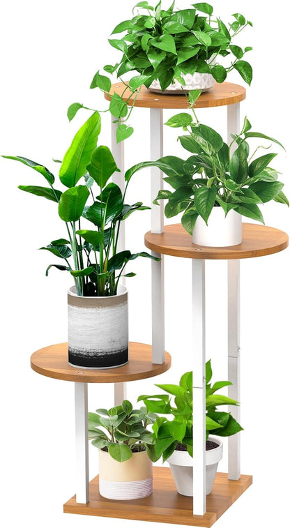 4 Tier Wood Tall Plant Stand Metal Rack Indoor, Multiple Flower Pot Holder Shelves Corner Rack, Round Planter Shelf Display Rack Storage Organizer for Patio Living Room Balcony(Black+Brown)
