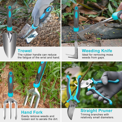 Gardening Tools, Carsolt 10 Piece Heavy Duty Stainless Steel Garden Tools Set with Ergonomic Rubber Handle. Variety of Gardening Hand Tools with Gift Box Ideal Garden Gifts for Women