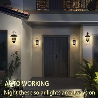 2 Pack Solar Lanterns Outdoor, Hanging Solar Lights for Outside Glass Metal with Wall Mount Bracket,Waterproof Auto Dusk to Dawn Garden Lantern for Fence Porch Decor- Warm White