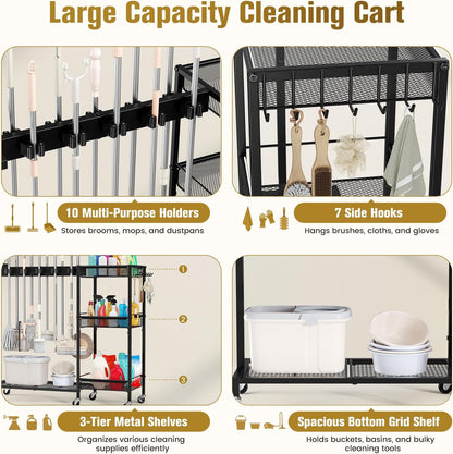 Broom Holder with Cleaning Supplies Organizer, Cleaning Utility Cart on Wheels, 10 Clips & 7 Hooks, 3-Tier Shelves, Broom Closet Storage Cabinet with Cleaning Caddy for Home Commercial Use