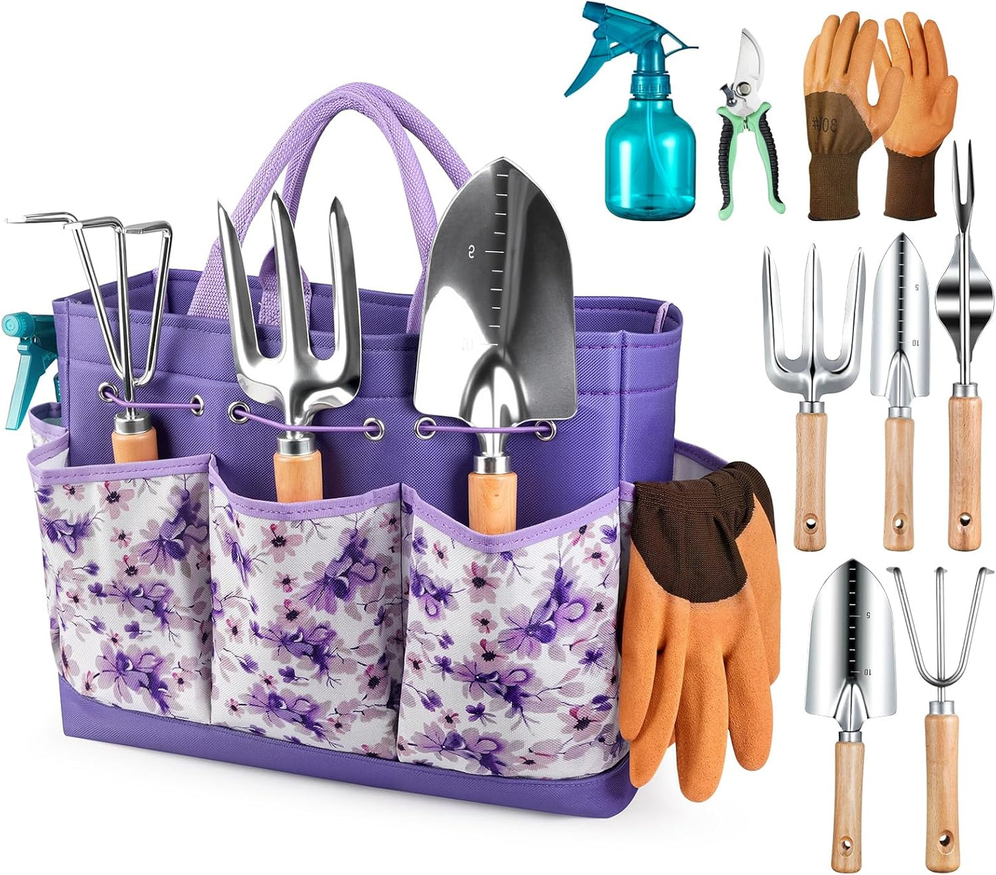 Grenebo Gardening Tools 9-Piece Heavy Duty Garden Hand Tools with Fashion and Durable Garden Tools Organizer Handbag, Rust-Proof Garden Tool Set, Ideal Gardening Gifts for Women