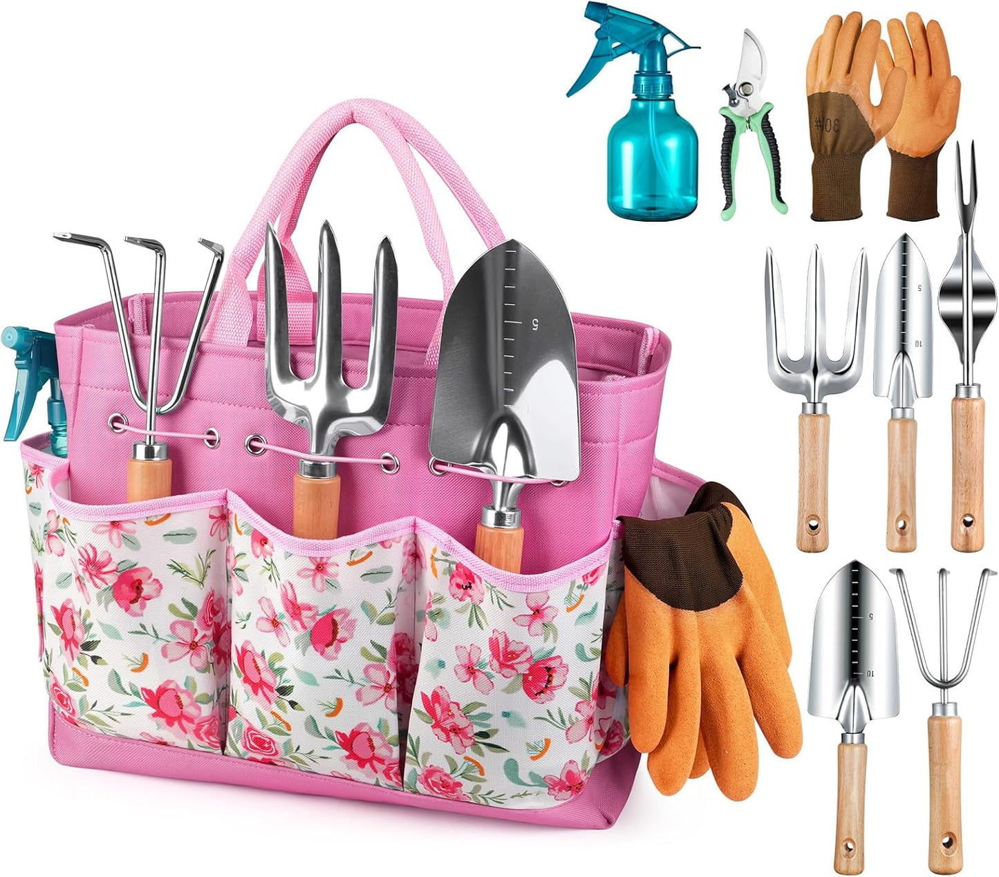 Grenebo Gardening Tools 9-Piece Heavy Duty Garden Hand Tools with Fashion and Durable Garden Tools Organizer Handbag, Rust-Proof Garden Tool Set, Ideal Gardening Gifts for Women