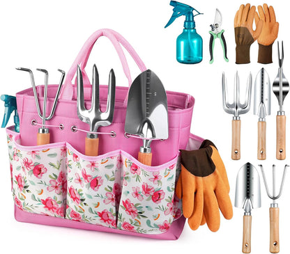 Grenebo Gardening Tools 9-Piece Heavy Duty Garden Hand Tools with Fashion and Durable Garden Tools Organizer Handbag, Rust-Proof Garden Tool Set, Ideal Gardening Gifts for Women