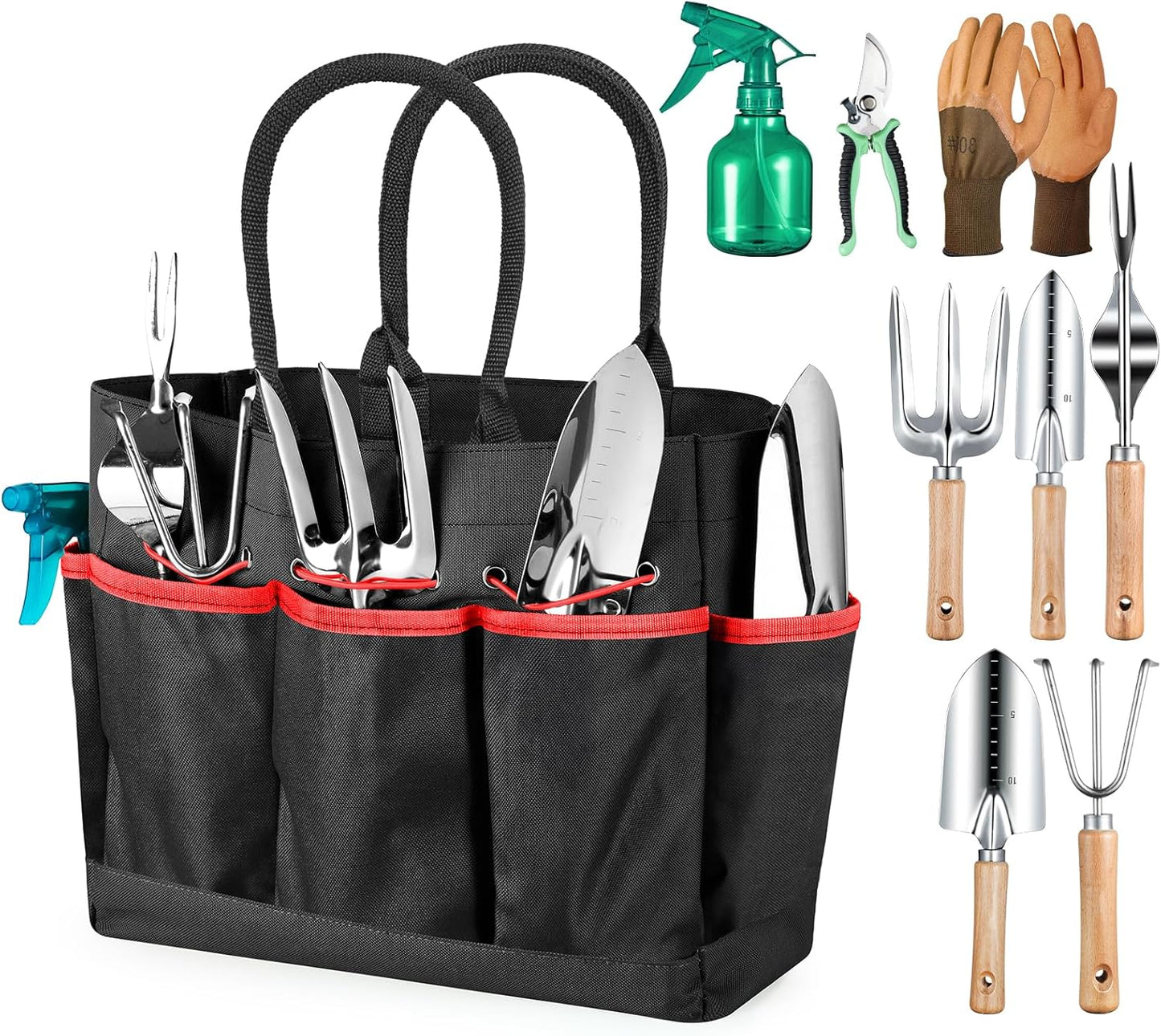 Grenebo Gardening Tools 9-Piece Heavy Duty Garden Hand Tools with Fashion and Durable Garden Tools Organizer Handbag, Rust-Proof Garden Tool Set, Ideal Gardening Gifts for Women