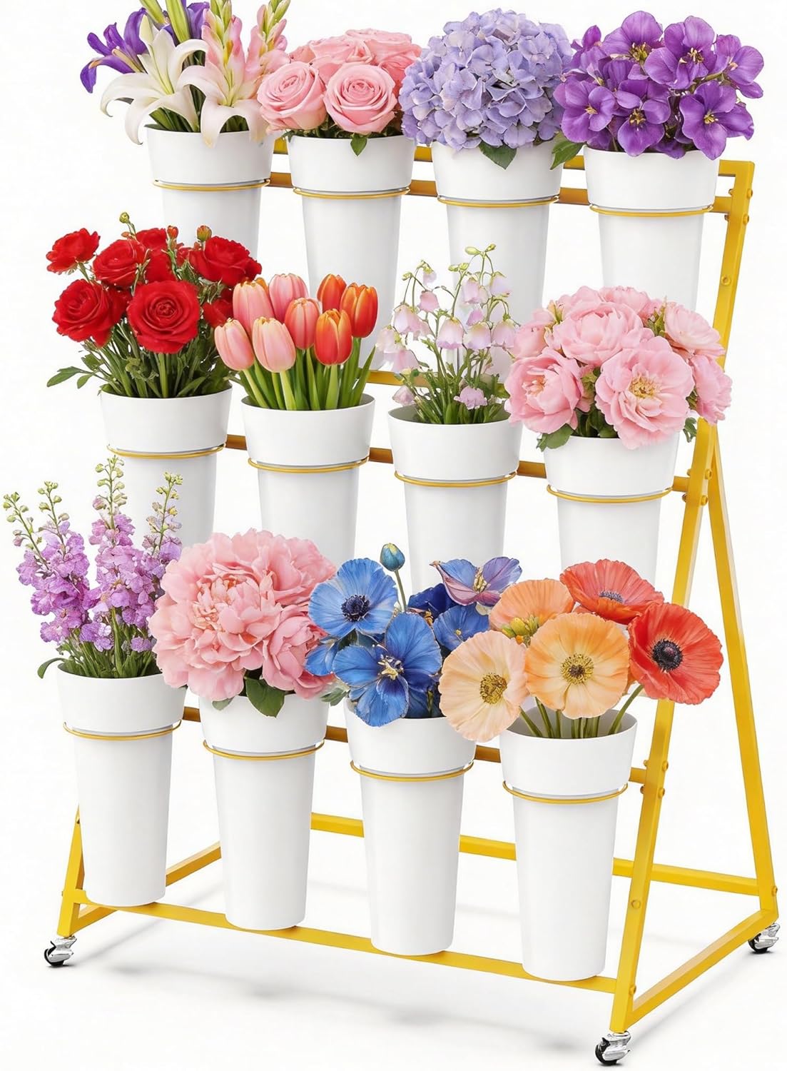 VGMiu Flower Display Stand with 12 Buckets, Metal Flower Cart with Wheels 3 Layers White Flowers Bar Stand Moving Florist Bouquet Shelf for Party Weddings Ceremony Garden Indoor Outdoor Patio Decor